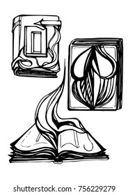 Hand drawn vector illustration of old magic game books set.