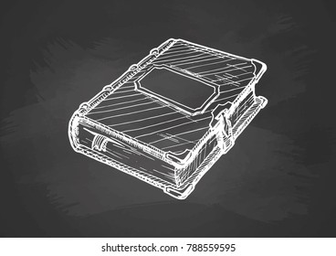 Hand drawn vector illustration of old vintage book. stylized drawing with chalk on blackboard. 