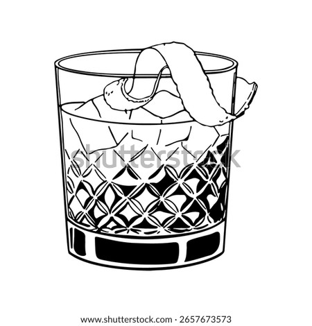 Hand drawn vector illustration of an old fashioned cocktail in a vintage crystal glass with ice cubes and citrus peel garnish classic whiskey drink black and white line art isolated on white