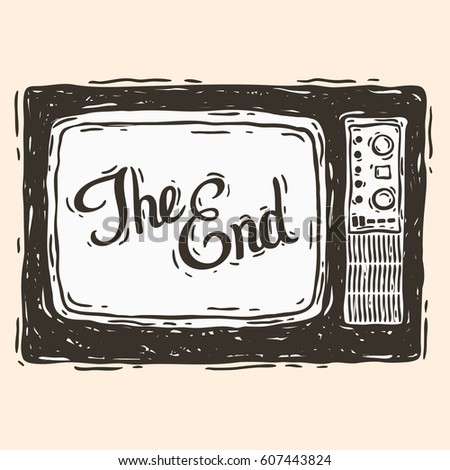 Hand drawn vector illustration of the old tv with hand lettering inscription The End