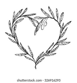 Hand drawn vector illustration - Olive branch, Heart Shaped Wreath. Vintage