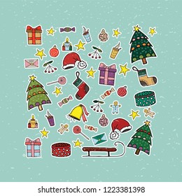 Hand drawn vector illustration on textured, soft green background. Christmas elements set. Festive banner. Illustration of Christmas, New Year design on white background.  EPS10