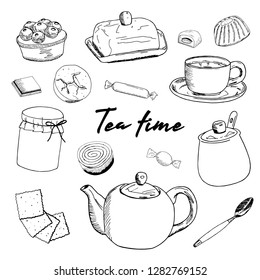 Hand drawn Vector illustration on white background. A Cup of tea and sweets in a large assortment. Tea time. eanglish, breakfast, food, table, ceremony, japan, set, elements, doodle, sketch, cupcake