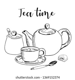 Hand drawn Vector illustration on white background. A Cup of tea and a kettle on the table. Tea time, breakfast, tea ceremony japan, english, teapot, slogan, all i need is tea, sketch, outline, black