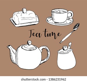 Hand drawn Vector illustration on color background. A Cup of tea and a kettle on the table. Tea time. teapot. english, ceremony, table, breakfast, sketch, doodle, black and white, slogan, elements