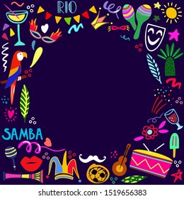 Hand drawn vector illustration on a Brazilian carnival theme. Bright elements of the festival and Brazilian culture. Drums, parrots, masks, garlands on a dark background