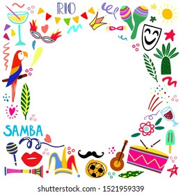 Hand drawn vector illustration on a Brazilian carnival theme. Bright elements of the festival and Brazilian culture. Drums, parrots, masks, garlands on a white background. 