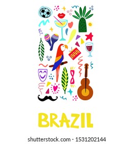 Hand drawn vector illustration on a Brazilian carnival theme. Brazil lettering. Bright elements of the festival and Brazilian culture. Drums, parrots, masks, garlands on a white background. 