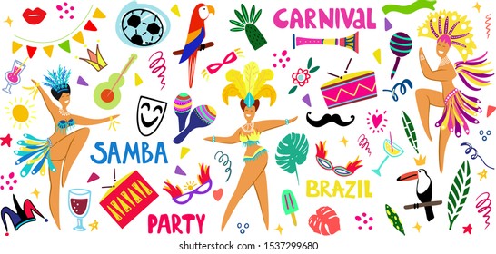 Hand drawn vector illustration on a Brazilian carnival theme. Doodle style. Bright elements of the festival and Brazilian culture. Drums, parrots, masks, garlands on a white background. 