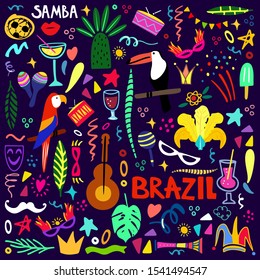 Hand drawn vector illustration on a Brazilian carnival theme. Bright elements of the festival and Brazilian culture. Drums, parrots, masks, garlands on a dark background. 