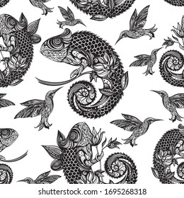 Hand drawn vector illustration on the theme of wild life. Floral iguana and flying hummingbird.Ornate seamless pattern in zentangle style.