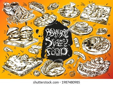 Hand drawn vector illustration on color background. Restaurant street food: burger, nuggets, sausages, nachos, pancakes, cheeses, meat, bruschetta, sandwich, french fries, sauce, tacos