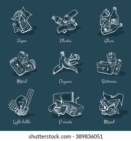 Ilustración vectorial dibujada a mano en la pizarra. Esbozo de categorías de basura con orgánicos, papel, plástico, vidrio, metal, desechos electrónicos, baterías, bombillas y residuos mixtos. 