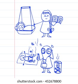 Hand drawn vector illustration on notebook page. Funny parents with a baby. Family background.