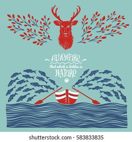 Hand Drawn Vector Illustration on Active Outdoor Recreation with a Deer and a Boat in the Water