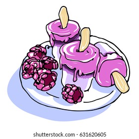 Hand drawn vector illustration on the white background. Colorful triple raspberry ice lolly on the plate.Frozen yogurt.