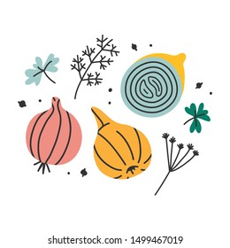 hand drawn vector illustration of onion cooking ingredient in modern sketch hanndrawn style. Colorful drawing of vegetable with seasoning isolated on white background.