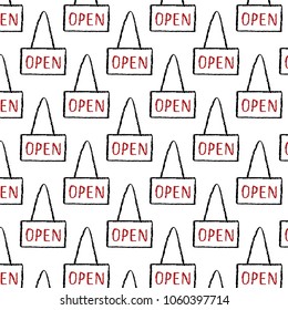 Hand drawn vector illustration of open sign pattern on white background.