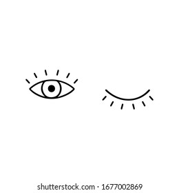 Ilustración vectorial dibujada a mano con ojos abiertos y cerrados. Dibujo simple de mano libre con ojos. Ilustración vectorial plana aislada en el fondo blanco