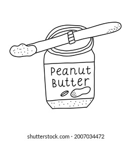 Handgezeichnete Vektorgrafik von offenem Erdnussbutter-Glas oder Plastikglas mit Messerschaufel aus Erdnussbutter. Abstrakter Cartoon-Doodle-Stil einzeln auf weißem Hintergrund