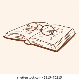 Hand drawn vector illustration of an open book with reading glasses resting on pages, cozy literature and study graphic asset.