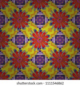 Hand drawn vector illustration in orange, gray and yellow colors. Abstract print with stylized random elements and flowers. Exotic seamless pattern in retro style.