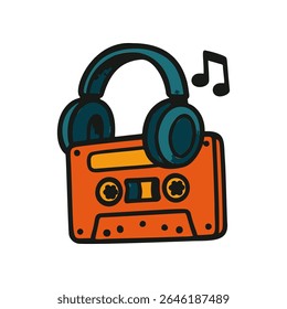 A hand drawn vector illustration of an orange cassette tape. Teal headphones sit on top and two musical notes are next to it