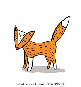 Hand drawn vector illustration an orange cute little fox standing  Colorful fox cub figure white background 
