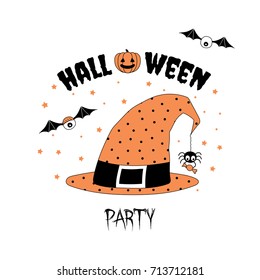 Hand drawn vector illustration of an orange witch hat with polka dots, with spider holding candy hanging on a web thread from its tip, with text Halloween party. Isolated objects. Design concept kids.