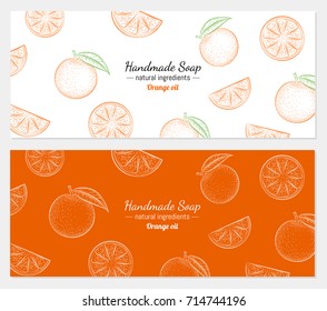 Hand drawn vector illustration of orange on white and color background for handmade soap wrapper. Organic natural healthy product. Great for banner, poster, label, package, wrapper