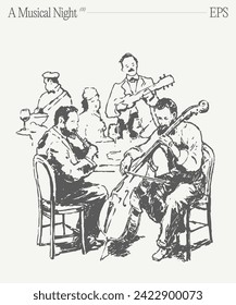 Hand drawn vector illustration of orchestra sitting at table playing musical instruments.