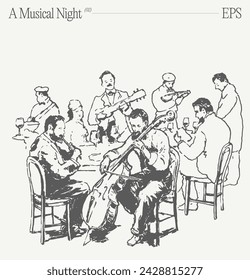 Hand drawn vector illustration of orchestra sitting at table playing musical instruments.