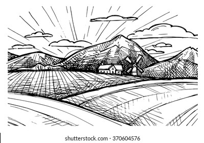  Hand drawn vector illustration - Organic farm. Sketch