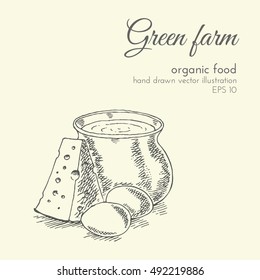hand drawn vector illustration of organic products. sketch farmer products. healthy eco food