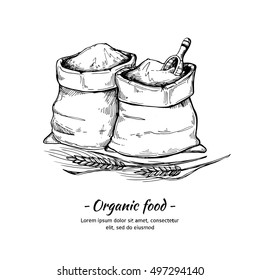 Hand drawn vector illustration - Organic food. Sacks of flour and grain. Sketch of wheat.