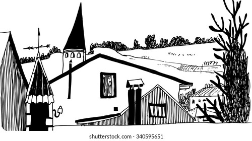 Hand drawn vector illustration with oriental landscape. Ink sketch. Black and white picture.