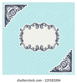 hand drawn vector illustration of ornamental frame on blue tartan background. Template for wedding invitation card, postcard, stationary blank, restaurant menu, poster, advertising