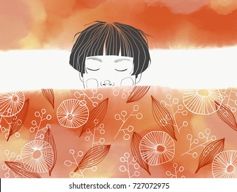 Hand drawn vector illustration. Outline portrait of woman.  Abstract flowers and leaves, berries pattern on orange red watercolor background