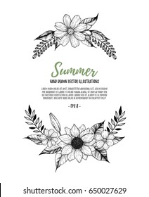 Hand drawn vector illustration. Oval Wreath with black flowers, leaves and branches. Perfect for wedding invitations, greeting cards, prints, postcards and more