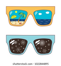 Hand drawn vector illustration of oversized sunglasses, with snowflake, beach scene reflected inside the lenses. Isolated objects on white background. Design concept for change of seasons.