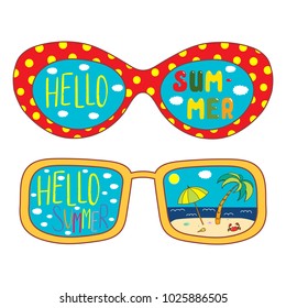 Hand drawn vector illustration of oversized sunglasses, with text Hello Summer, beach scene reflected inside the lenses. Isolated objects on white background. Design concept for change of seasons.