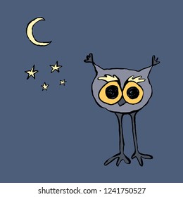 Hand drawn vector illustration. Owl at night with moon and stars.