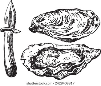 Hand drawn vector illustration of oysters with oyster shucker