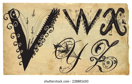 An hand drawn vector illustration, pack of letters - Curly playful Alphabet. Part: V to Z (Each letter is individually editable).