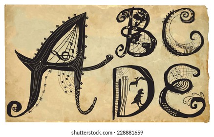 An hand drawn vector illustration, pack of letters - Curly playful Alphabet. Part: A to E (Each letter is individually editable).