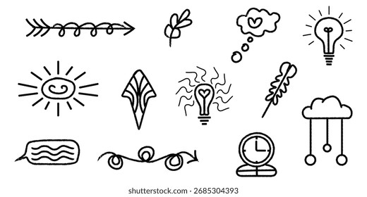 A hand drawn vector illustration pack of Inspiring symbols including curly arrow, Leaf, love Bubble, light bulb, spiral sun, cloud, speech bubble, divider arrow, and clock