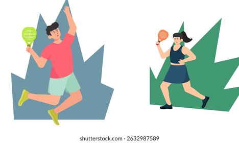 Hand drawn vector illustration of padel two player character in dynamic action pose, holding racket and hitting the ball. Sport athlete cartoon style in isolated background