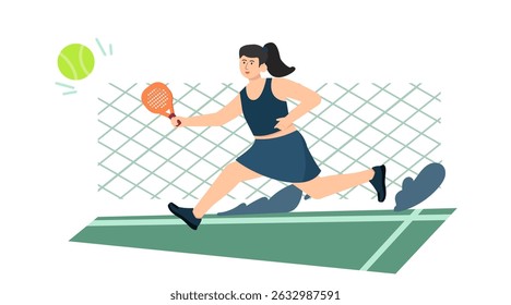 Ilustração vetorial desenhada à mão do personagem jogador mulher padel em pose de ação dinâmica, segurando raquete e batendo na bola. Estilo de desenho animado atleta esportivo em fundo isolado