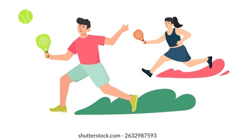 Hand drawn vector illustration of padel two player character in dynamic action pose, holding racket and hitting the ball. Sport athlete cartoon style in isolated background