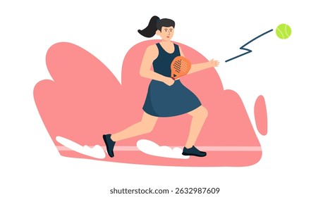 Ilustração vetorial desenhada à mão do personagem jogador mulher padel em pose de ação dinâmica, segurando raquete e batendo na bola. Estilo de desenho animado atleta esportivo em fundo isolado